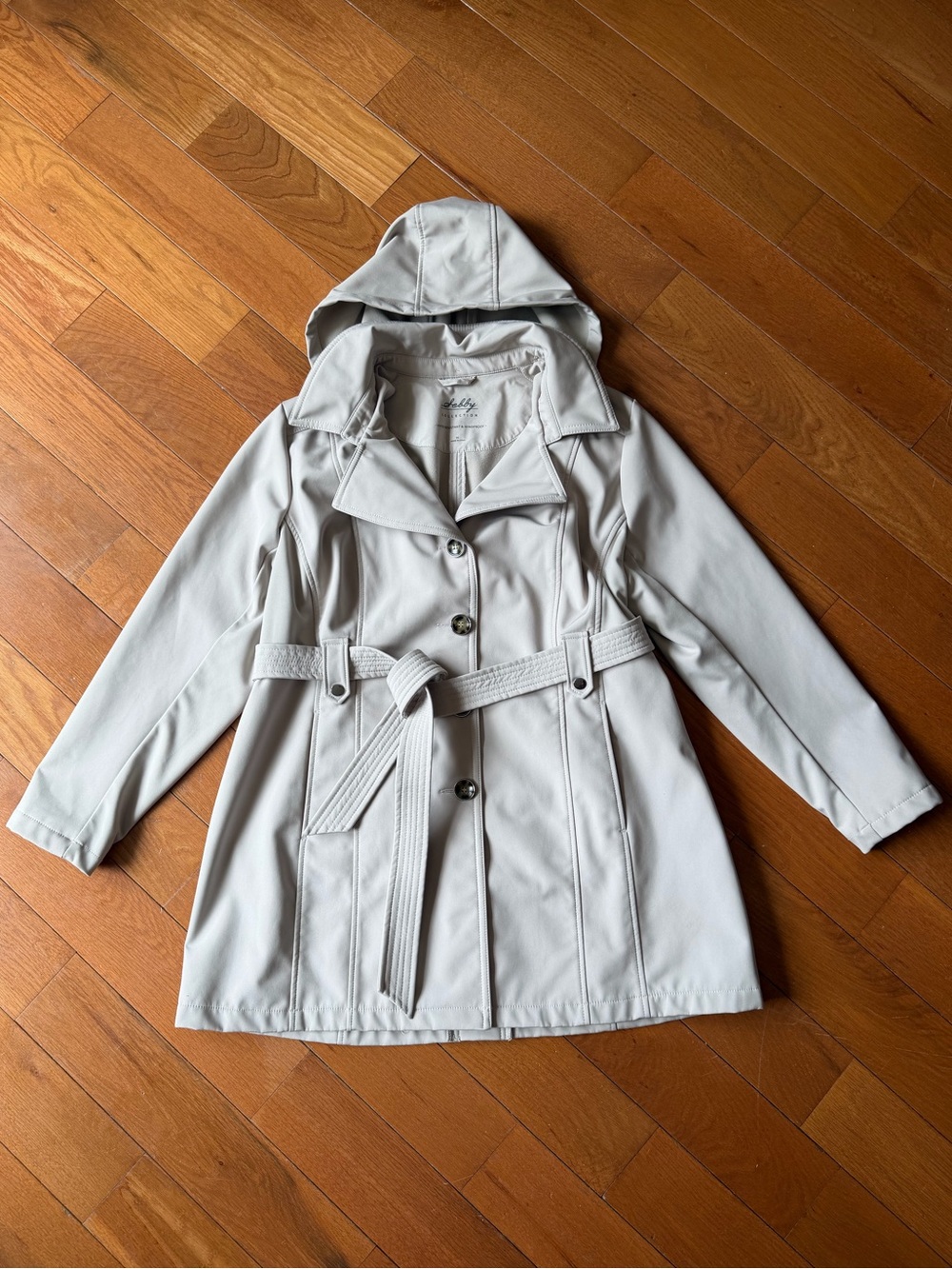 Sebby Collection Belted Hooded Trench Raincoat Taupe 1X